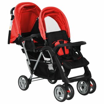 Kinderwagen dubbel staal rood en zwart