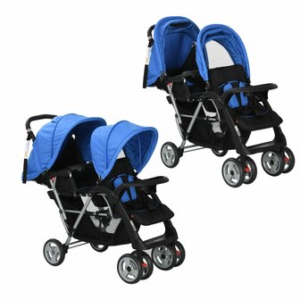 Kinderwagen dubbel staal blauw en zwart