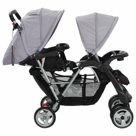 Kinderwagen dubbel staal grijs en zwart