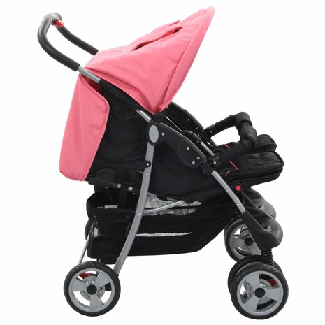 Tweelingkinderwagen staal roze en zwart